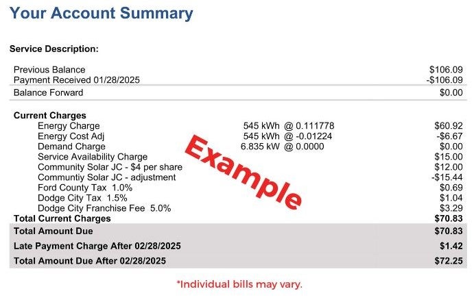 An example of the account summary on members bill showing the line item for Community Solar charges. 
