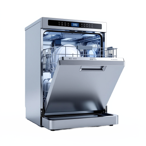 A stainless steel dishwasher.